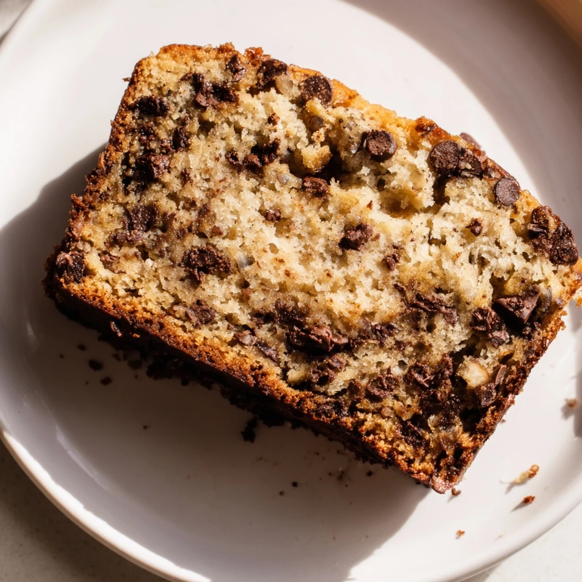 Thick slice of one bowl banana bread with chocolate chips served warm