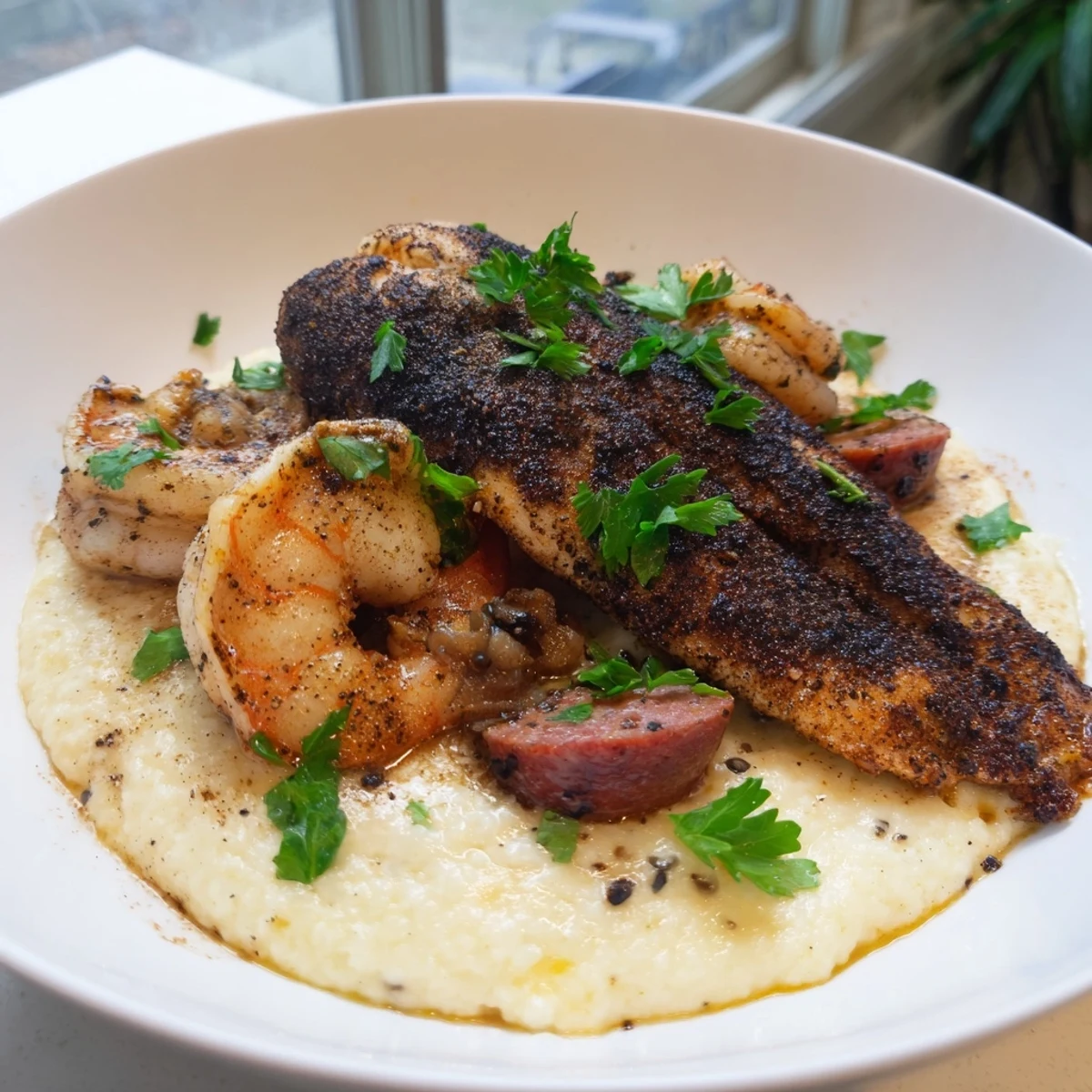Savory Cajun catfish paired with juicy shrimp and sausage over rich grits.