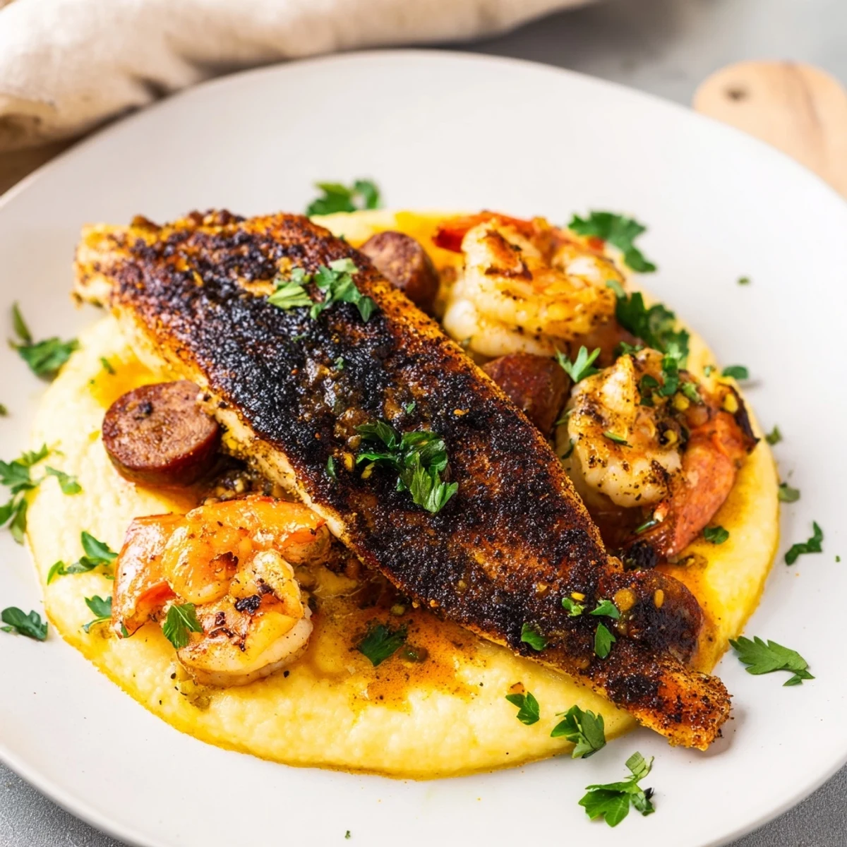 Golden blackened catfish and shrimp atop creamy cheese grits with andouille sausage.