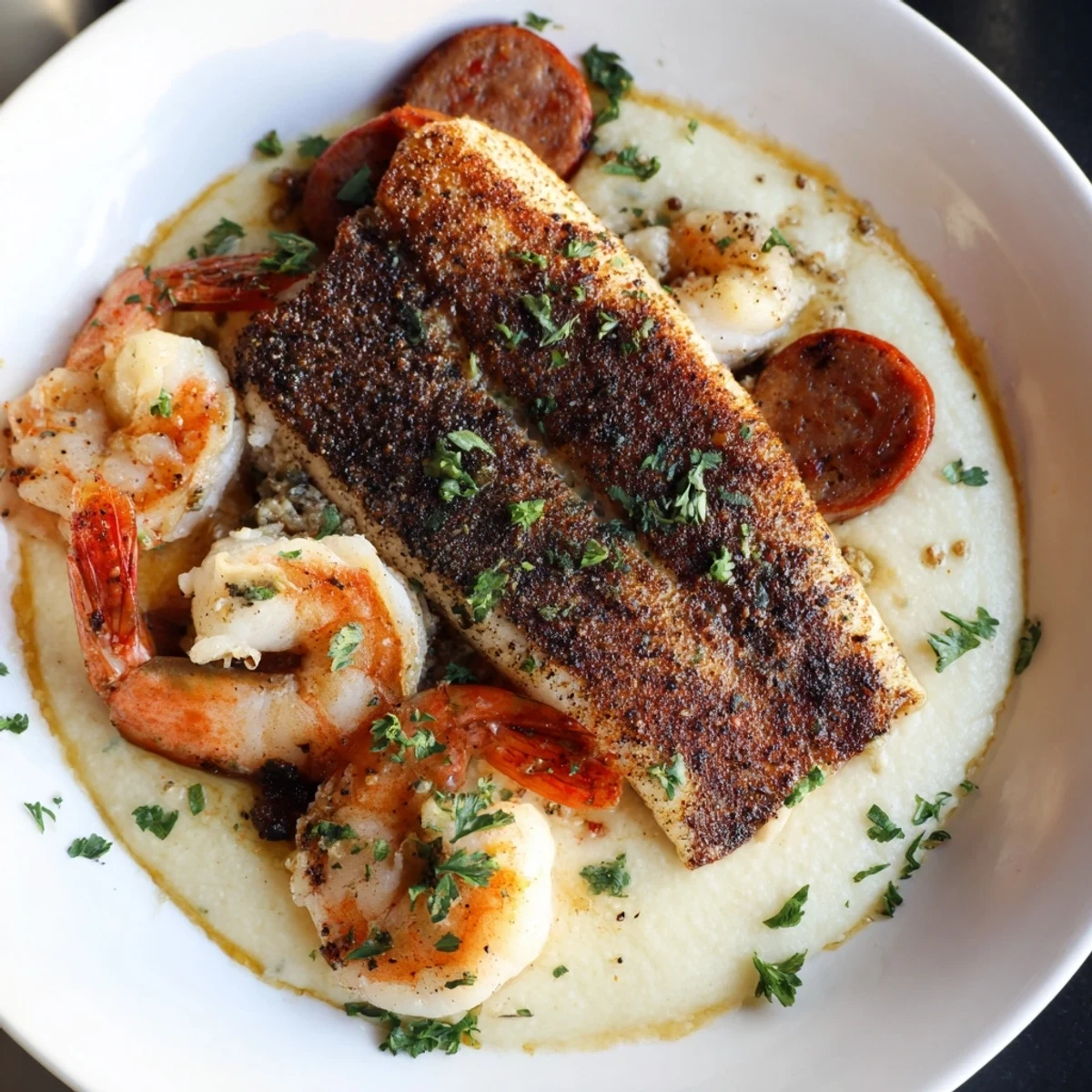Spicy blackened seafood and sausage served on a bed of Southern grits.