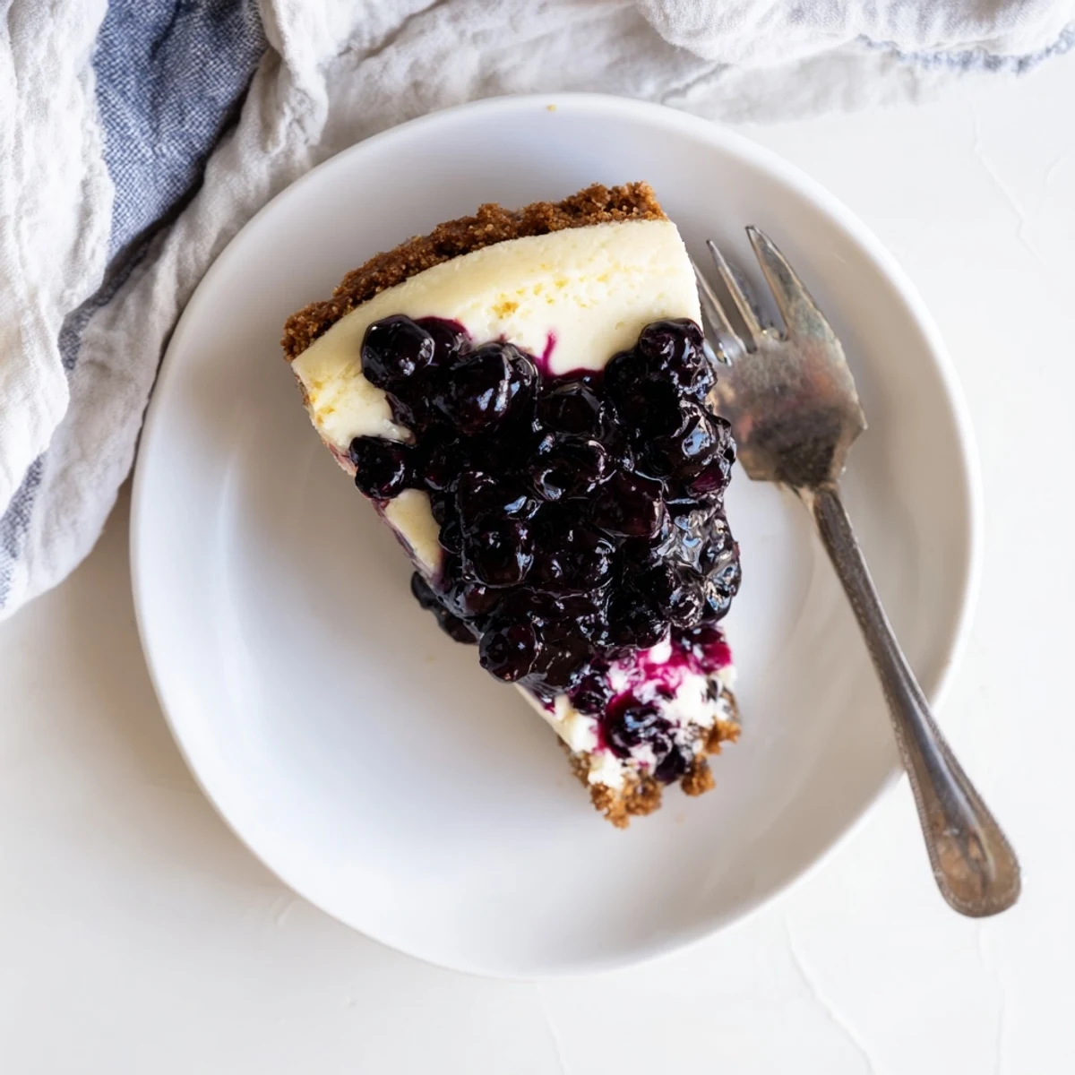 Luscious blueberry cheesecake with graham cracker crust and fresh berry garnish.
