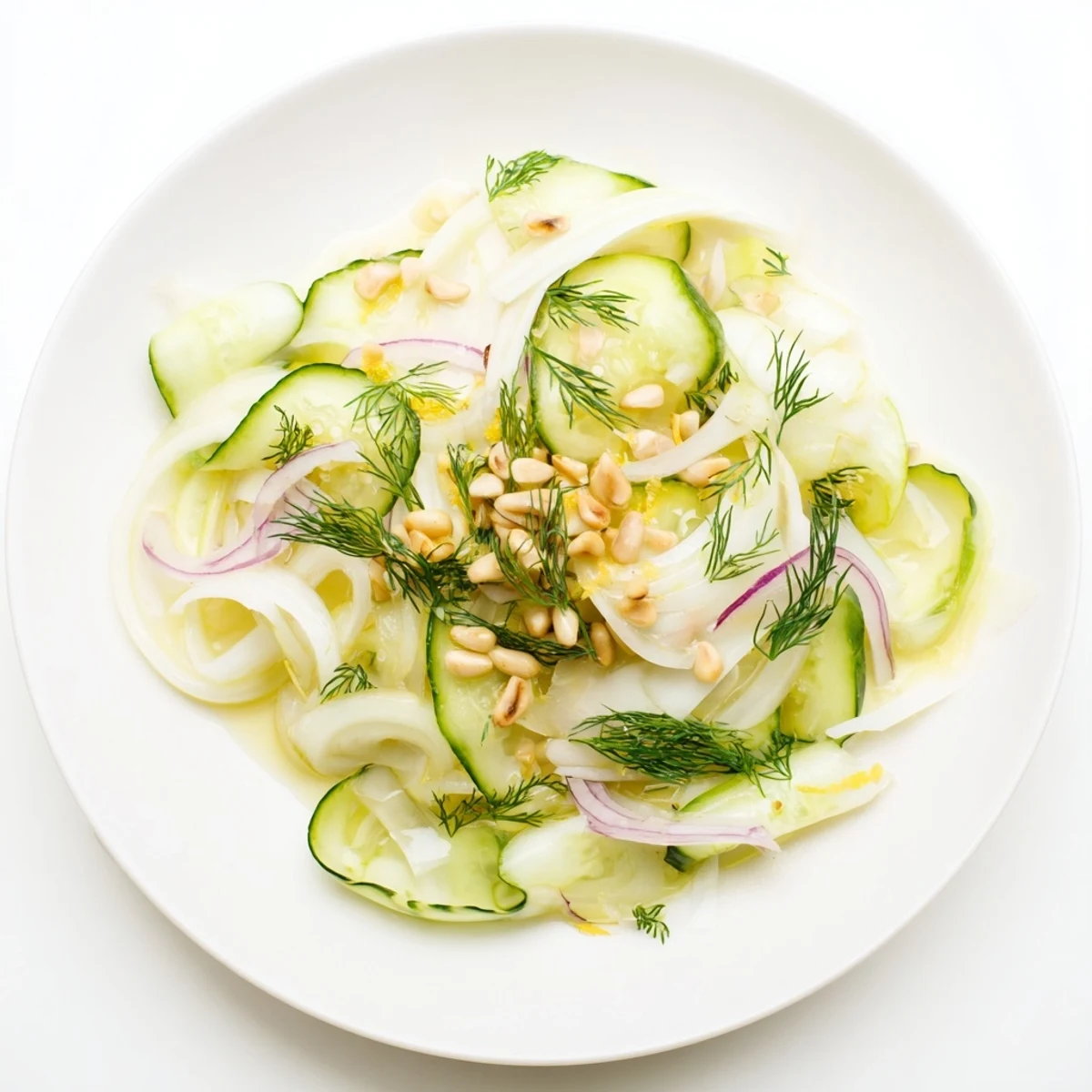 Vibrant crisp fennel cucumber salad with fresh dill in a bowl.  