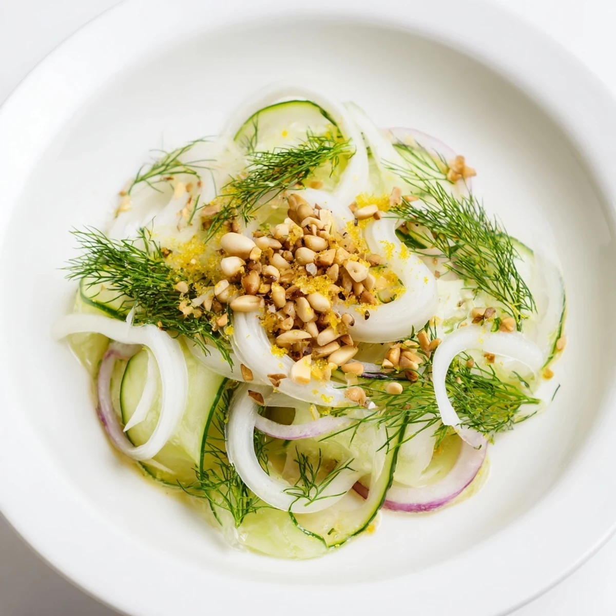 Thinly sliced fennel and cucumber tossed in zesty citrus dressing.  