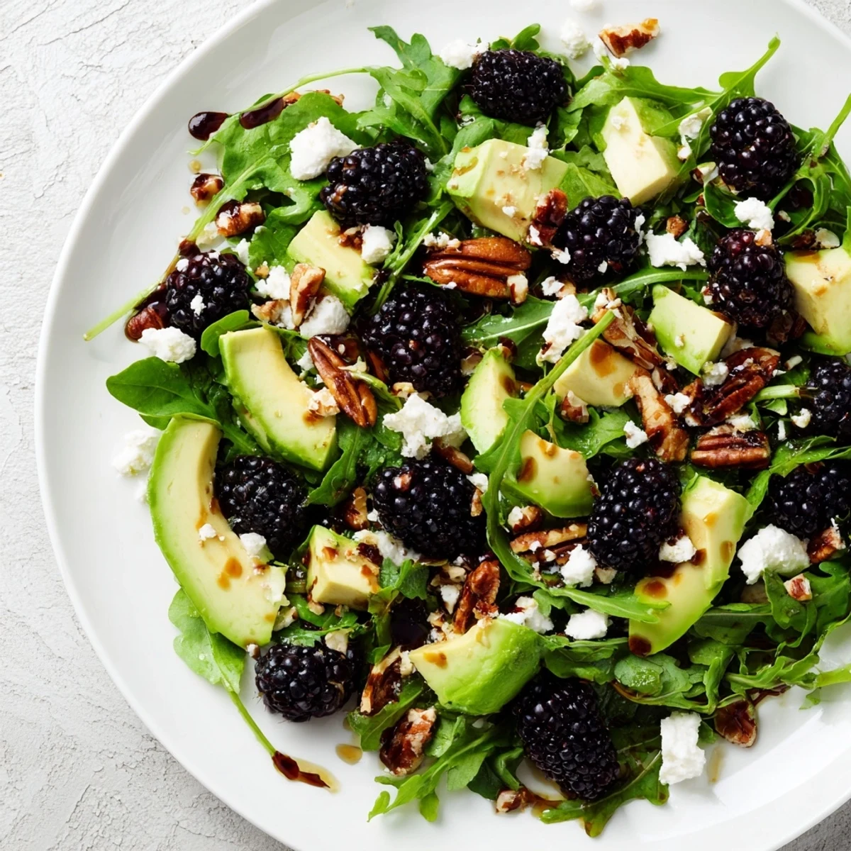 Vibrant blackberry avocado salad topped with feta, pecans, and red onion.  