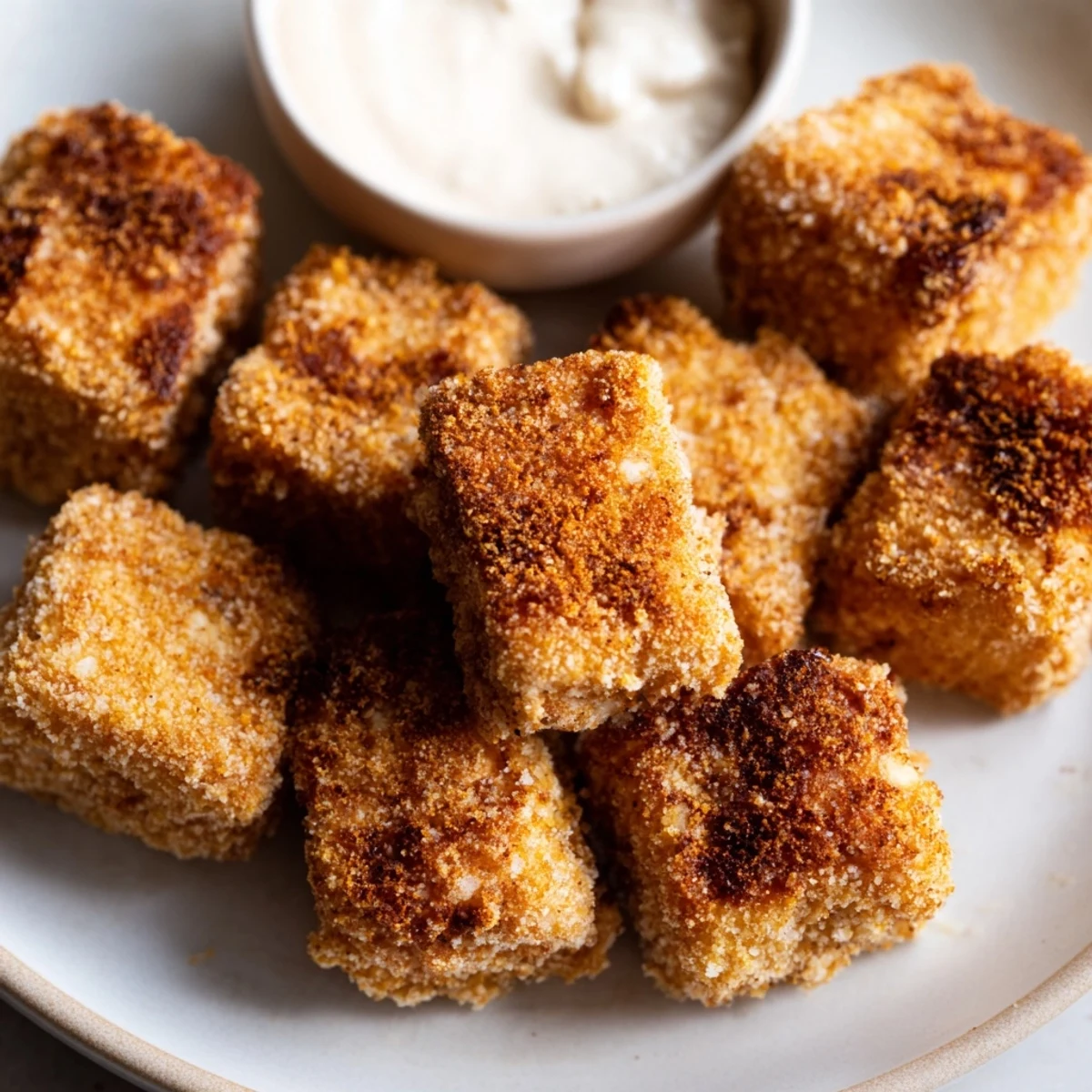 Golden crispy tofu fried chicken served with dipping sauce on a plate  