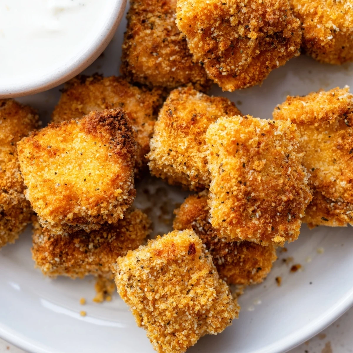 Basket of golden brown tofu fried chicken nuggets ready for dipping
