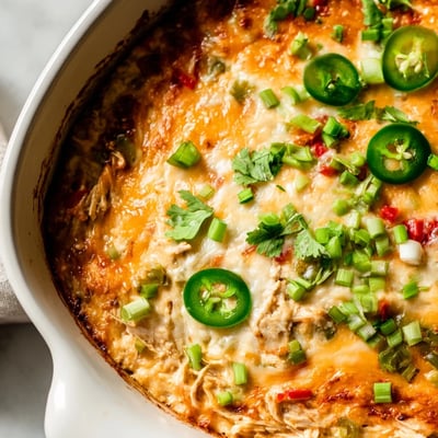 Zesty Chicken Enchilada Dip with shredded chicken and red sauce, garnished with cilantro and jalapeños.