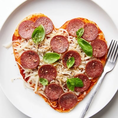 A slice of Heart Shaped Beef Pepperoni Pizza with Basil lifted high, revealing melty cheese and savory pepperoni layers.