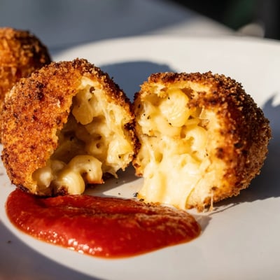 Golden Fried Macaroni and Cheese Balls with Marinara are piled high next to a small bowl of tangy dipping sauce.