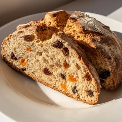 Slices of Irish Soda Bread with Raisins and Orange Zest served with salted butter and honey, perfect for a cozy breakfast.