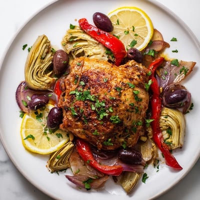 Roasted Mediterranean chicken with tender artichoke hearts, Kalamata olives, and fresh parsley on a baking sheet. 