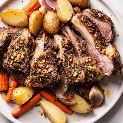 Herb-crusted slow roasted leg of lamb with lemon and oregano on a platter with roasted vegetables.