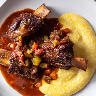 Savory braised beef short ribs rest on buttery polenta, their tender meat falling off the bone in rich sauce.