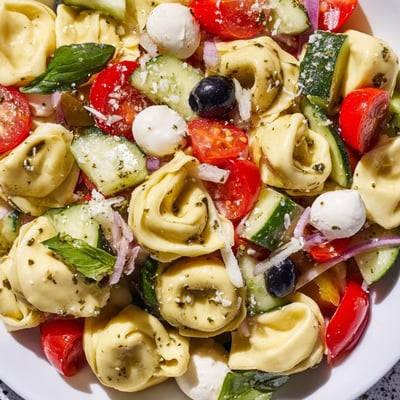 Tortellini salad featuring tender cheese pasta, ripe cherry tomatoes, and fresh mozzarella balls