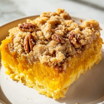 Warm pumpkin dump cake scooped into a bowl topped with vanilla ice cream