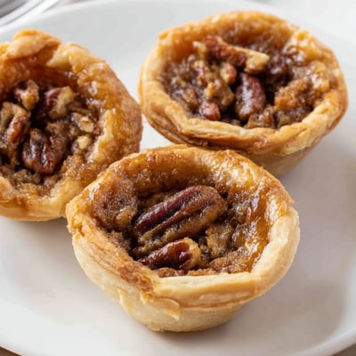 Bite-sized mini pecan pies topped with toasted nuts on a rustic baking sheet