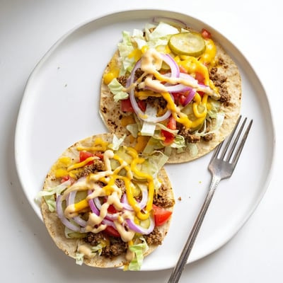 Juicy smashed beef tucked inside warm flour tortillas with tangy burger sauce