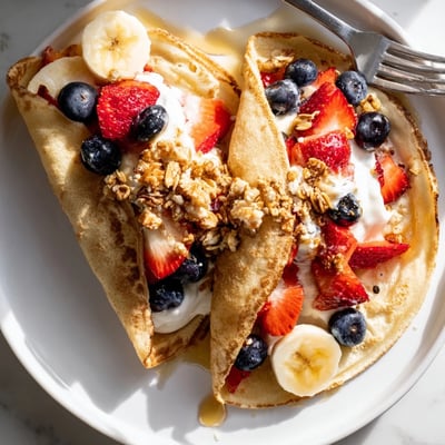 Golden pancake tacos folded around scrambled eggs and crumbled bacon bits