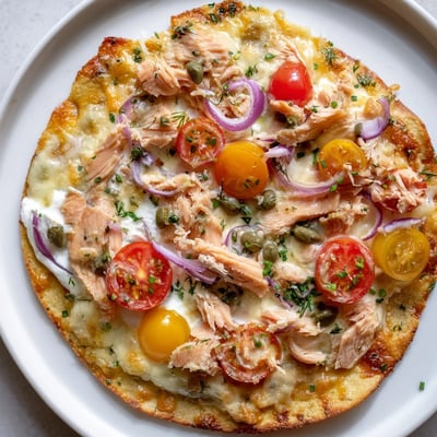 Golden baked salmon tortilla pizza topped with cherry tomatoes, capers, and red onion